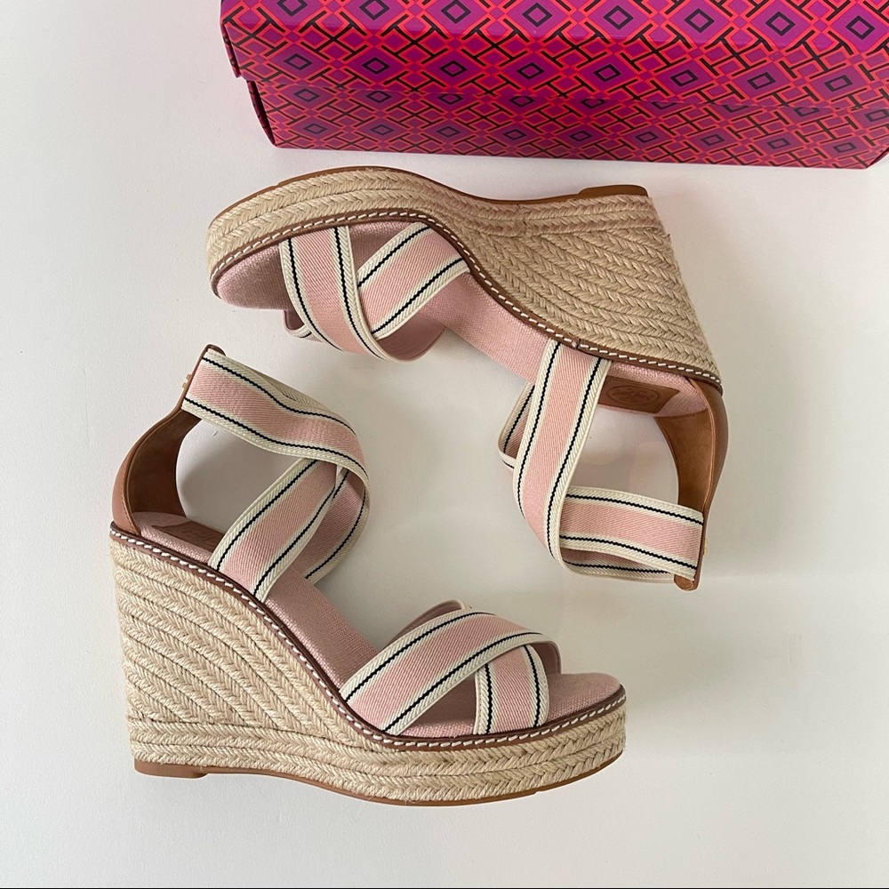 Tory Burch Frieda Espadrille -Stretch Webbing /Calf Leather &Strap Wedge Sandal - Picture 11 of 16